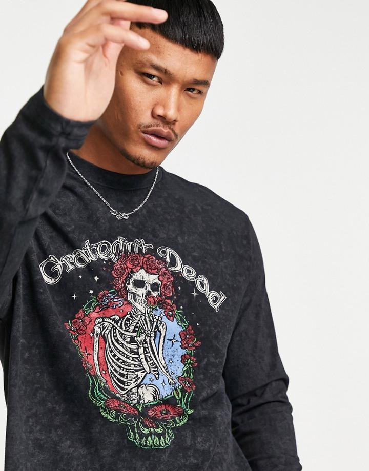 Asos Design Relaxed Long Sleeve T-shirt With Grateful Dead Print In Washed Black
