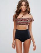 Pistol Panties Maple Diamond Off Shoulder Frill High Waisted Bikini Set - Black