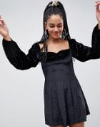 Asos Design Studded Velvet Mini Dress With Sweetheart Neck - Black