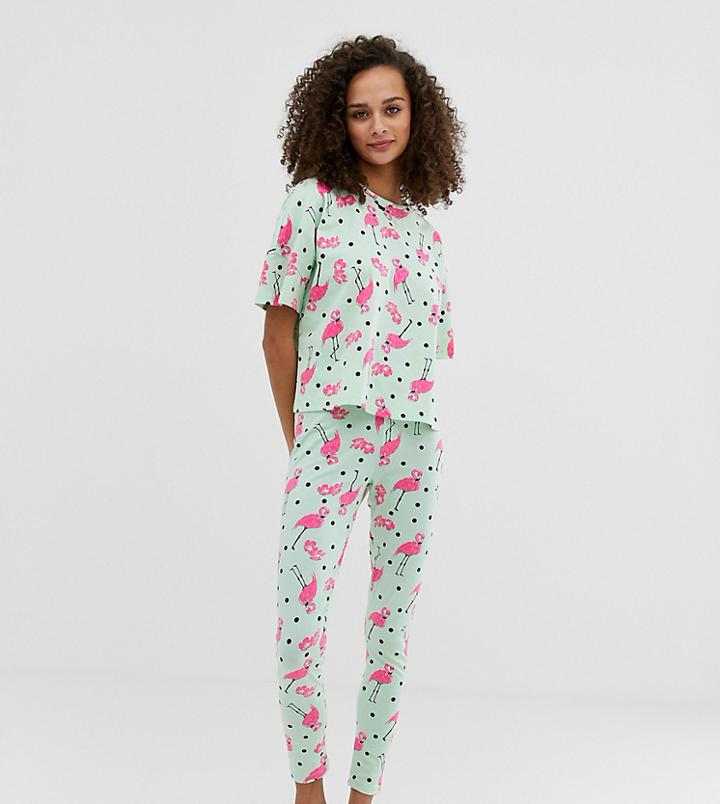 Asos Design Flamingo Spot Legging Pyjama Set - Green