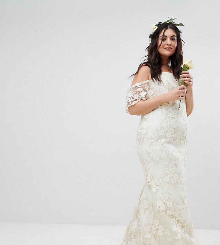Asos Edition Curve Bridal Bandeau Maxi Dress In Floral Lace - White