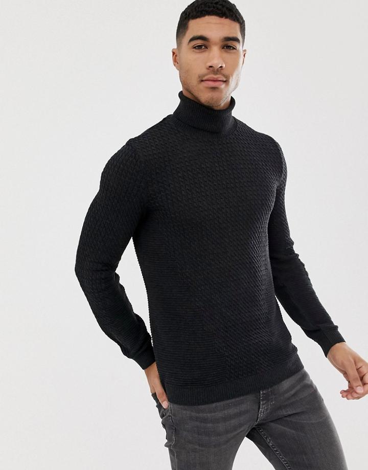 Asos Design Muscle Fit Cable Roll Neck Sweater In Charcoal-gray