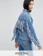 Asos Tall Denim Jacket In Midwash Blue With Fringed Back - Blue