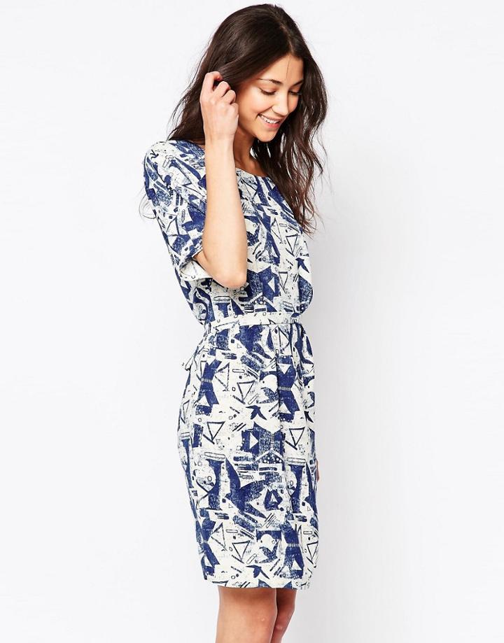 Ichi Abstract Print Skater Dress - Blue