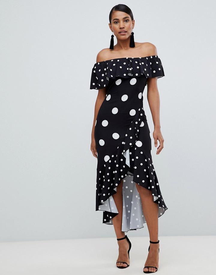 Flounce London Bardot Wrap Dress In Black Based Polkadot - Multi