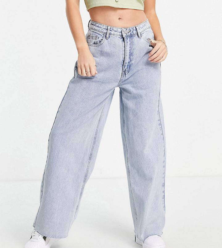 Missguided Petite Straight Jean With Raw Hem In Bleached Blue-blues
