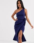 Asos Design One Shoulder Tuck Detail Midi Dress - Blue