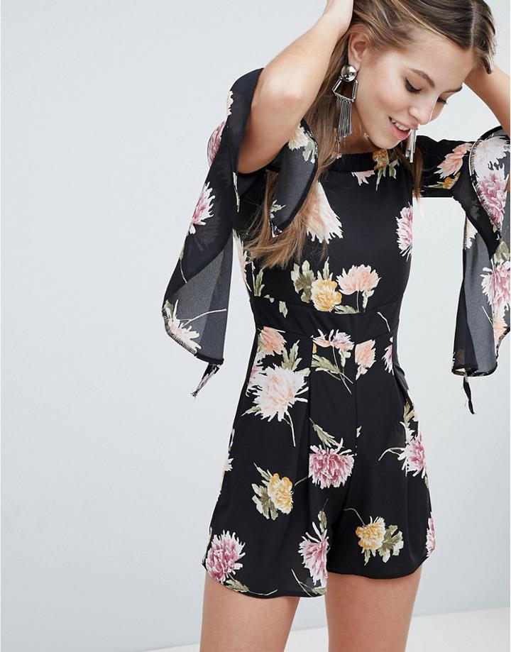 Oh My Love Floaty Off The Shoulder Printed Romper - Black