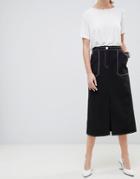 Asos Design Contrast Stitch Midi Skirt - Black