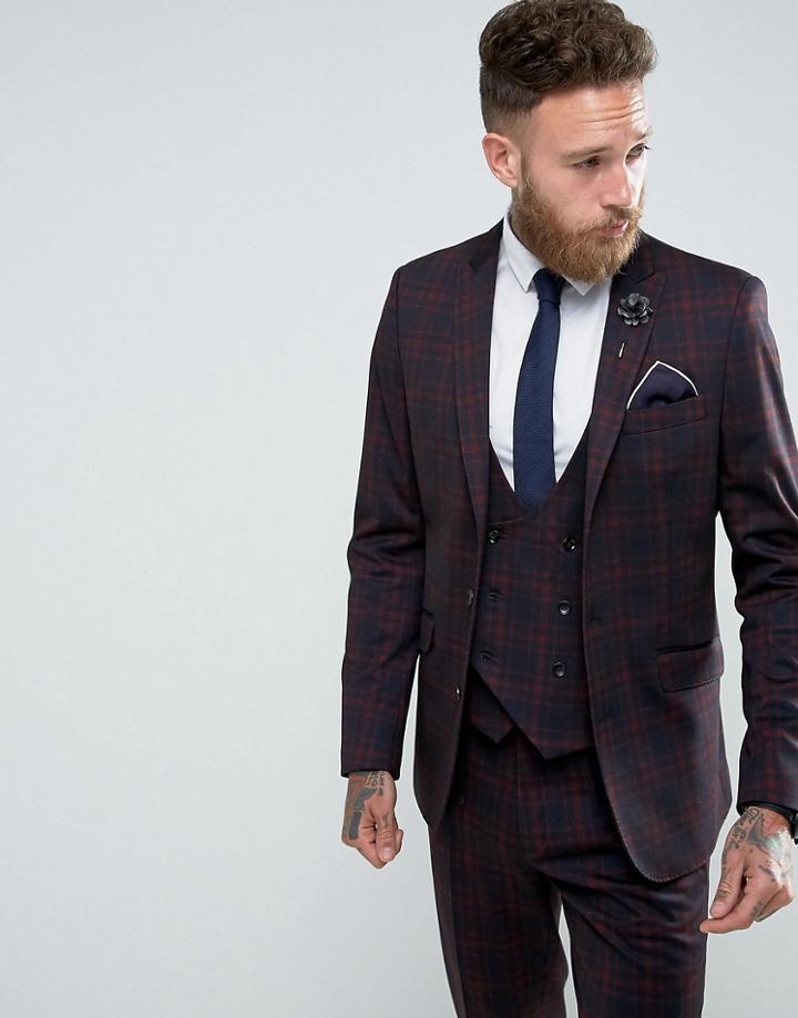 Gianni Feraud Skinny Fit Blue And Red Checked Suit Jacket - Blue