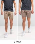 Asos 2 Pack Slim Chino Shorts In Light Brown & Stone Save - Multi
