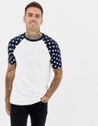 Asos Design T-shirt With Polka Dot Raglan Sleeves - Navy