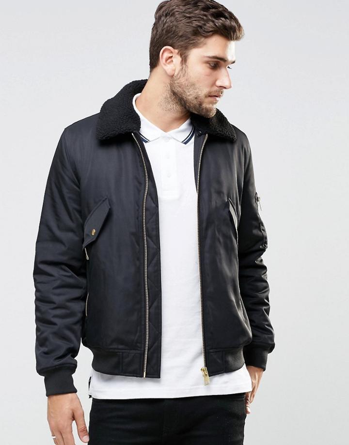 Asos Bomber Jacket With Fleece Collar In Black - Black
