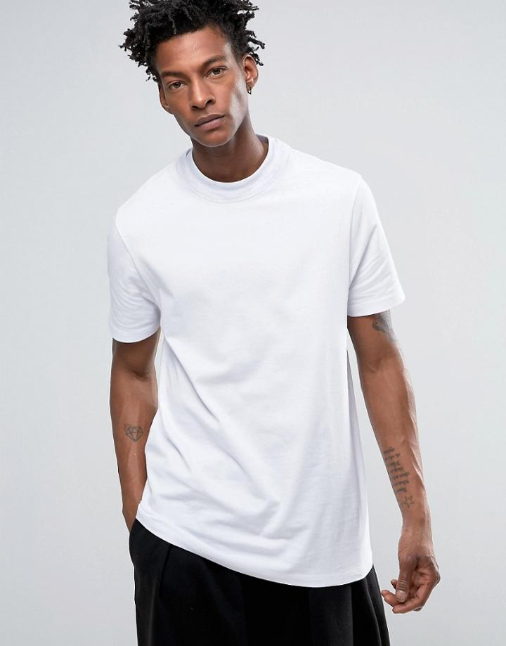 Asos Longline T-shirt In Heavyweight With Double Neck Detail In White - White