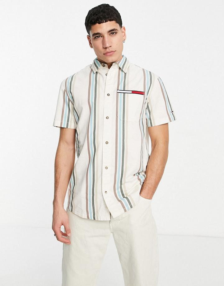 Tommy Jeans Archive Washed Stripe Short Sleeve Shirt Boxy Fit In White/green