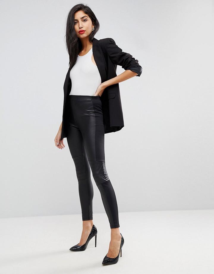 Asos Leather Look Paneled Leggings With Biker Detail - Black