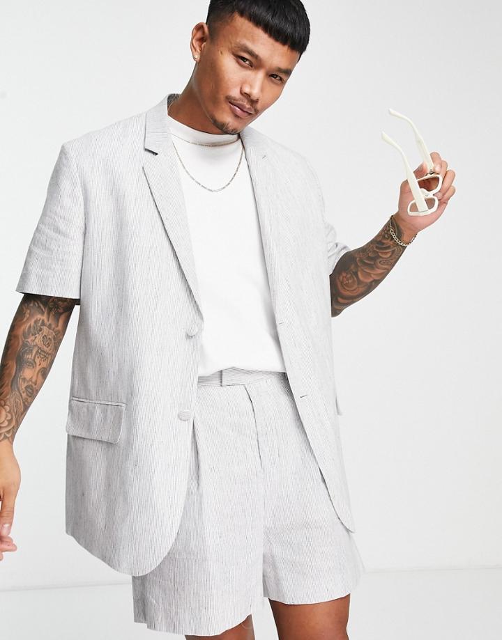 Asos Design Relaxed Linen Mix Short Sleeve Suit Jacket With Stripe In Ecru-neutral