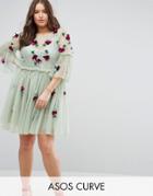 Asos Curve Embellished Fluted Sleeve Tulle Smock Dress With Embellishement - Green