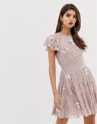 Asos Design Mini Skater Dress With Frill Cap Sleeve With All Over Embellishment - Pink