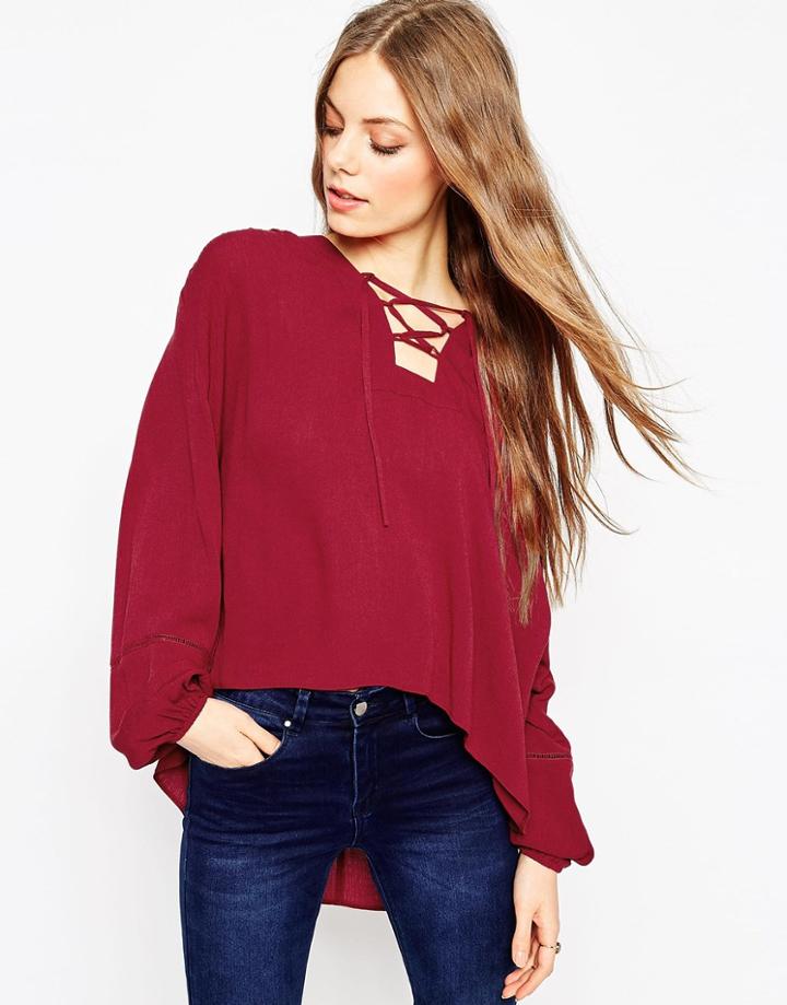 Asos Lace Up Folk Blouse - Burgundy