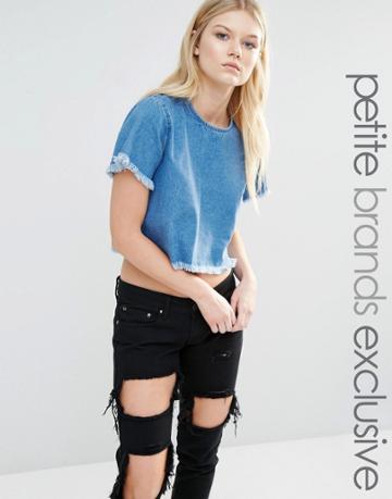Liquor & Poker Petite Denim Tee With Extreme Freyed Hems - Blue