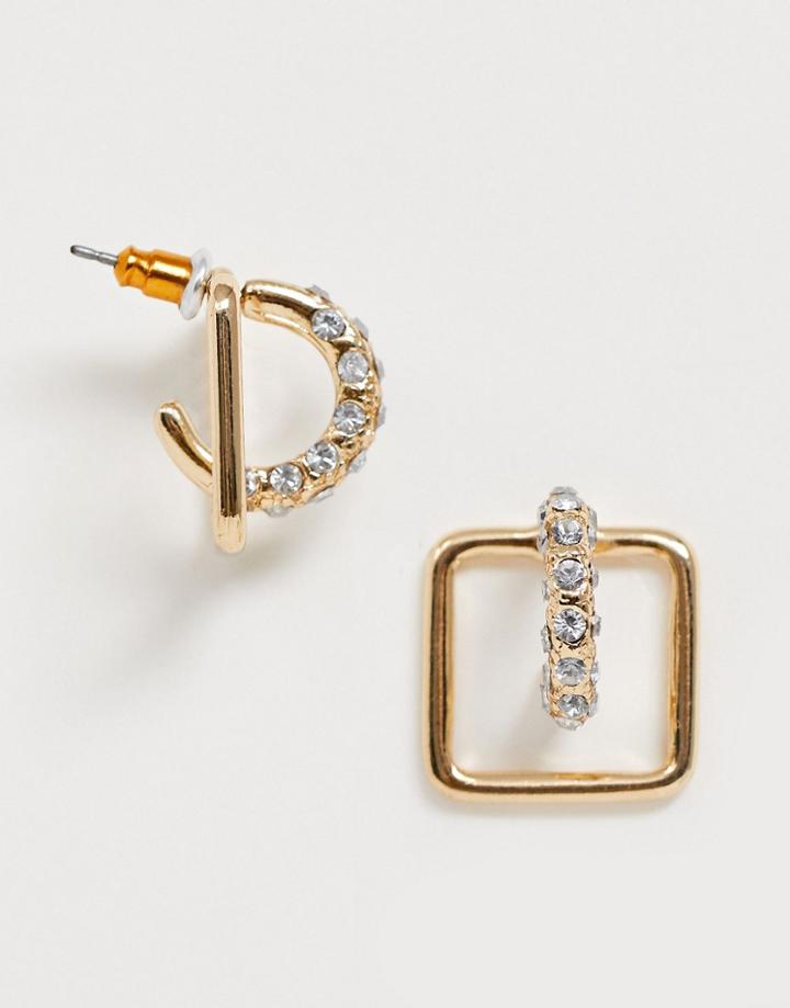 Asos Design Square Hoop Earrings With Pave Bar Detail In Gold Tone