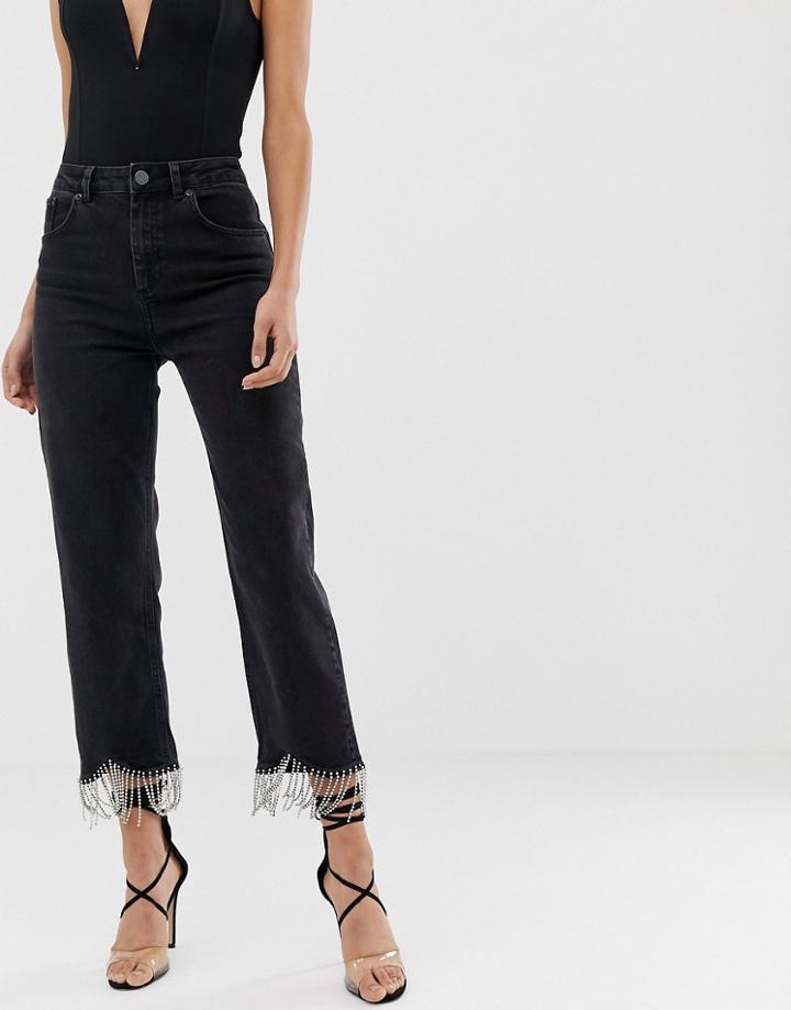 Asos Design Farleigh High Waist Straight Leg Jeans In Washed Black With Diamonte Tassel Hem - Black