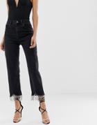 Asos Design Farleigh High Waist Straight Leg Jeans In Washed Black With Diamonte Tassel Hem - Black