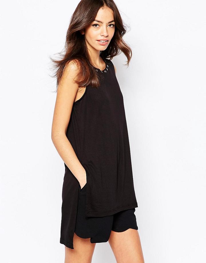 New Look Eyelet Trim Longline Split Side Tunic - Black
