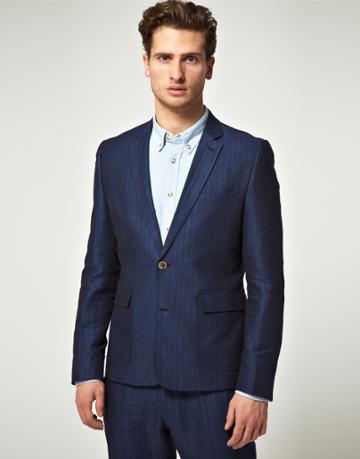 Asos Slim Fit Suit Jacket In Blue Herringbone Italian Fabric