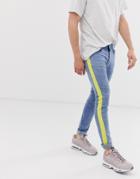 Liquor N Poker Skinny Jeans In Stonewash With Neon Green Stripe - Blue