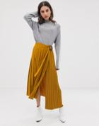 Asos Design Mixed Pleat Midi Skirt With Buckle - Yellow