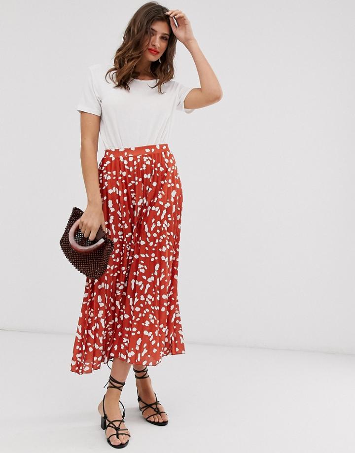 Asos Design Pleat Midi Skirt In Abstract Animal-brown