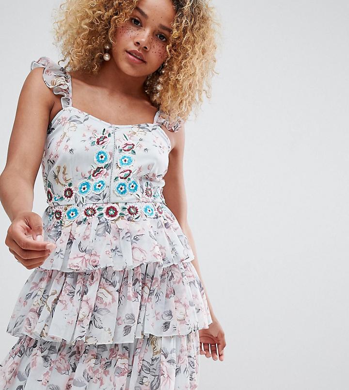 Asos Design Petite Floral Tiered Embroidered Mini Dress-multi