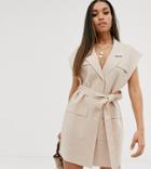 Asos Design Petite Sleeveless Utility Mini Dress With Belt In Linen - Beige