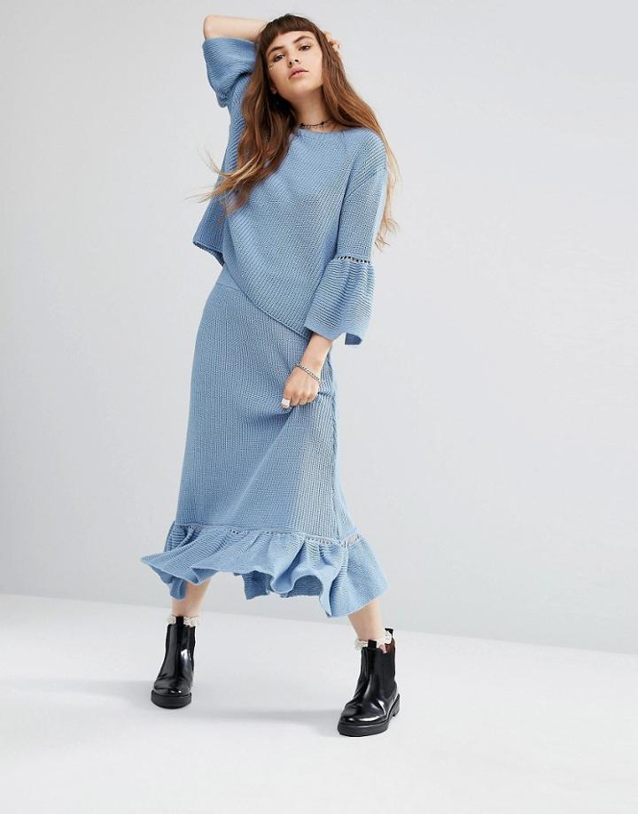 Rokoko Knitted Midi Skirt With Peplum Hem Co-ord - Blue