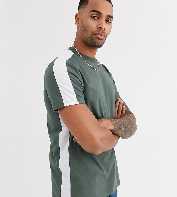 Asos Design Tall T-shirt With Side Panel Stripe In Khaki-green