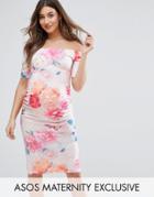 Asos Maternity Photographic Floral Off Shoulder Dress - Multi