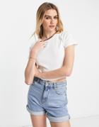 Asos Design Boxy Crop Tee In Rib With Contrast Binding In Ecru And Brown-multi