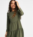 Asos Design Petite Long Sleeve Tiered Smock Mini Dress In Khaki-green