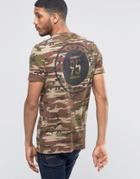 Asos Longline T-shirt In Camo With Back Print In Khaki - Khaki