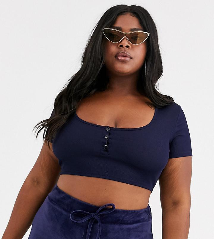 Fashionkilla Plus Button Through Plunge Crop Top In Navy-beige