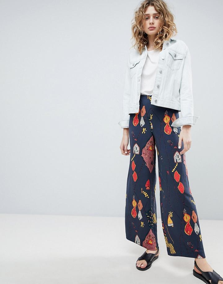 Weekday Wide Leg Pants In Graphic Print - Blue