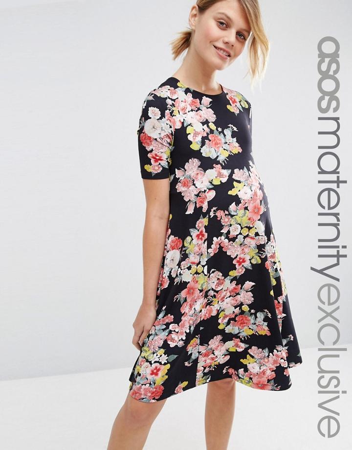 Asos Maternity Floral Swing Dress With Short Sleeve - Multi