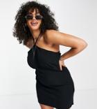 Asos Design Curve Ribbed Halter Mini Dress With Seam Detail In Black