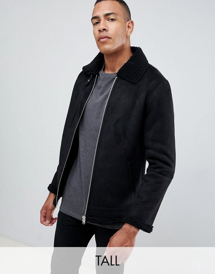 Barneys Originals Tall Suedette Fleece Collar Jacker-black