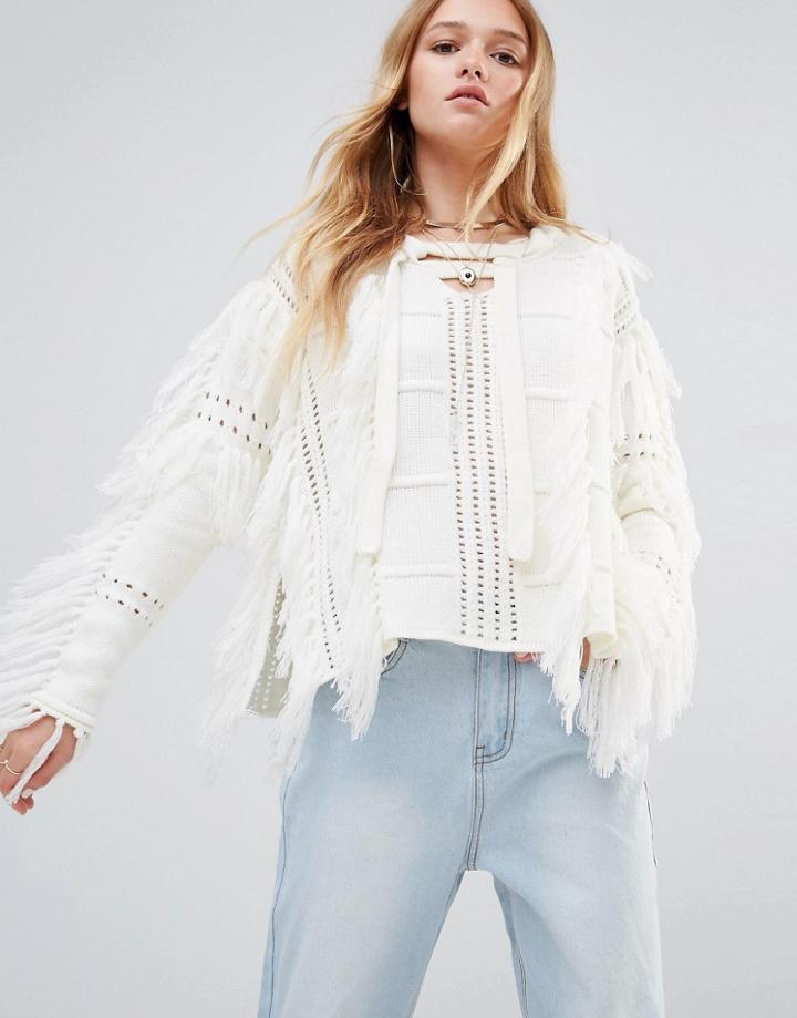 Ebonie N Ivory Boho Tassel Sweater With Tie Neck - White