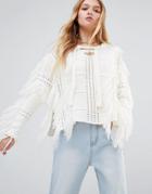Ebonie N Ivory Boho Tassel Sweater With Tie Neck - White