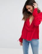 Asos Oversized Wrap Blouse With Dip Hem - Red