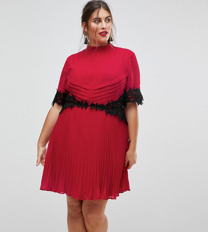 Asos Curve Lace Waist And Cuff Pleated Mini Dress - Pink